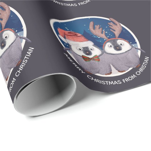 kerstpinguïn Couple Cute Santa en Reindester Cadeaupapier (Rol Hoek)