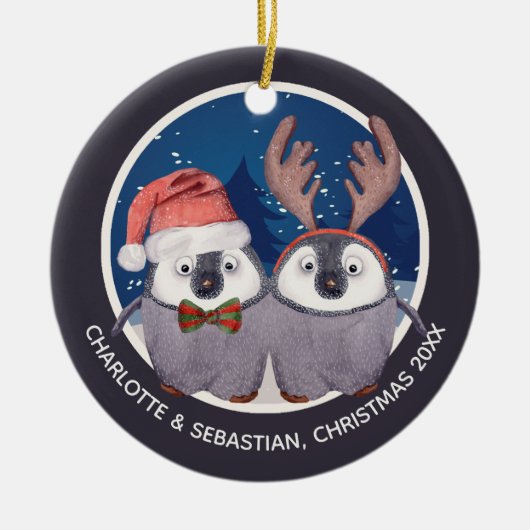 kerstpinguïn Couple Cute Santa en Reindester Keramisch Ornament (Voorkant)