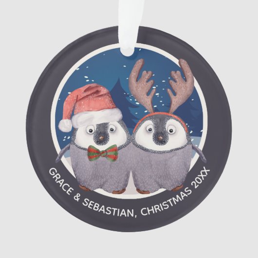 kerstpinguïn Couple Cute Santa en Reindester Ornament (voorkant)