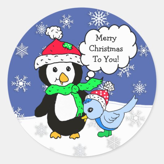 Kerstpinguïn en sneeuwblauw ronde sticker (Voorkant)