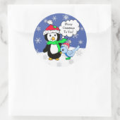 Kerstpinguïn en sneeuwblauw ronde sticker (Tas)