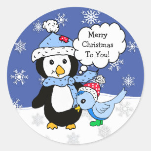 Kerstpinguïn en sneeuwblauw ronde sticker