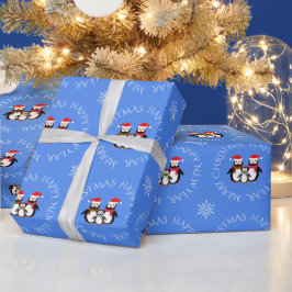 Kerstpinguïn familie aangepaste tekst blauw cadeaupapier