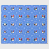 Kerstpinguïn familie aangepaste tekst blauw cadeaupapier (Vlak)