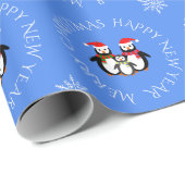 Kerstpinguïn familie aangepaste tekst blauw cadeaupapier (Rol Hoek)