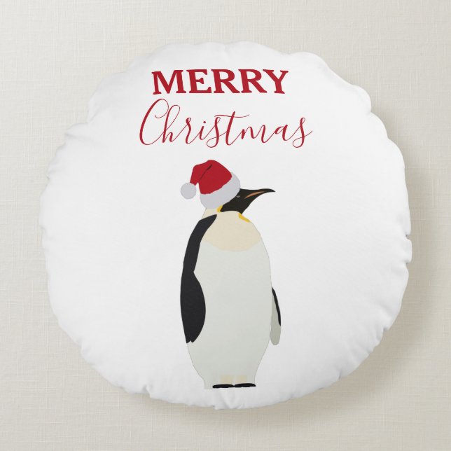 Kerstpinguin Funny Animal met Santa Hat Rond Kussen (Voorkant)