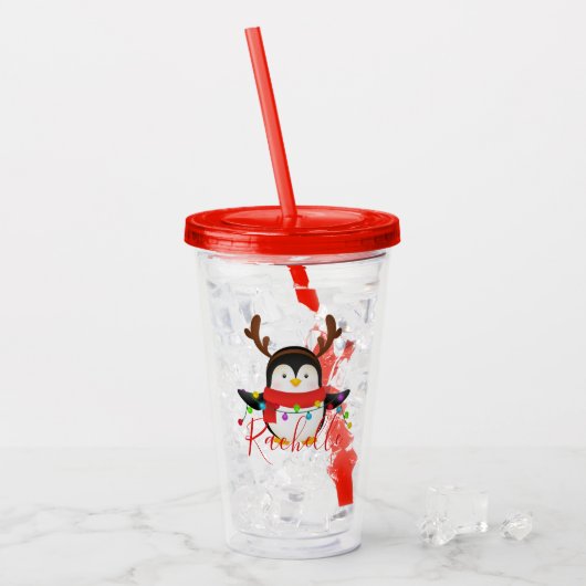 Kerstpinguïn gepersonaliseerd acryl drinkbeker (Voorkant ijs)