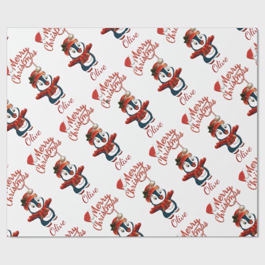Kerstpinguïn | Gepersonaliseerd Cadeaupapier (Vlak)