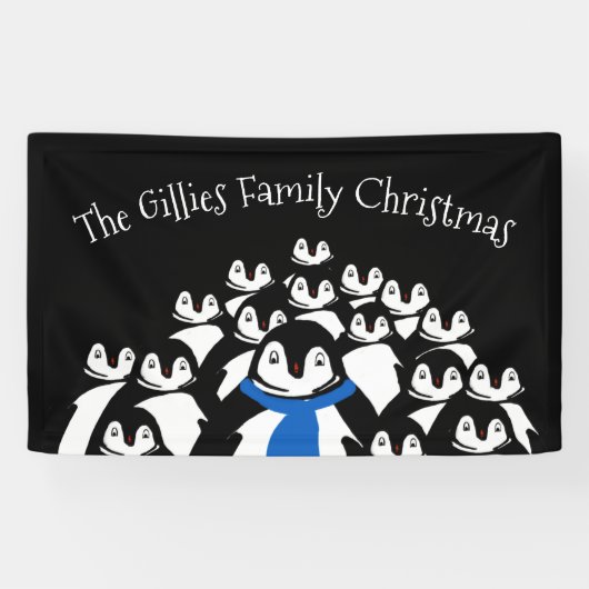 Kerstpinguïn gepersonaliseerd feest spandoek (Horizontaal)