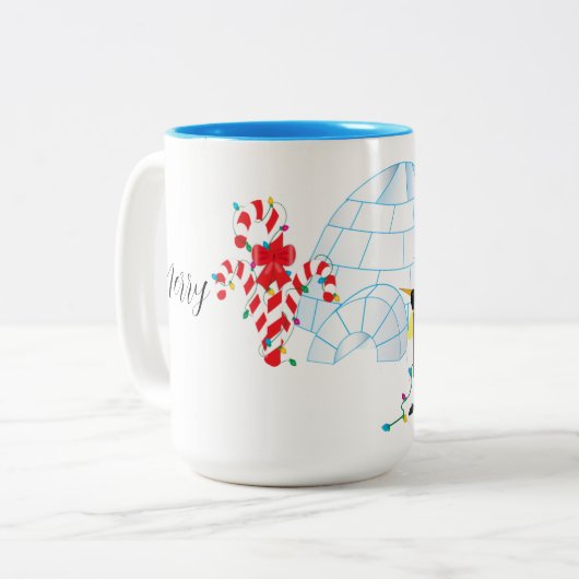 Kerstpinguïn Igloo Candy Cane en Lichten Tweekleurige Koffiemok (Voorkant links)