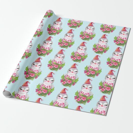 kerstpinguïn in Santa Hat Wrapping Paper Cadeaupapier (Uitgerold)