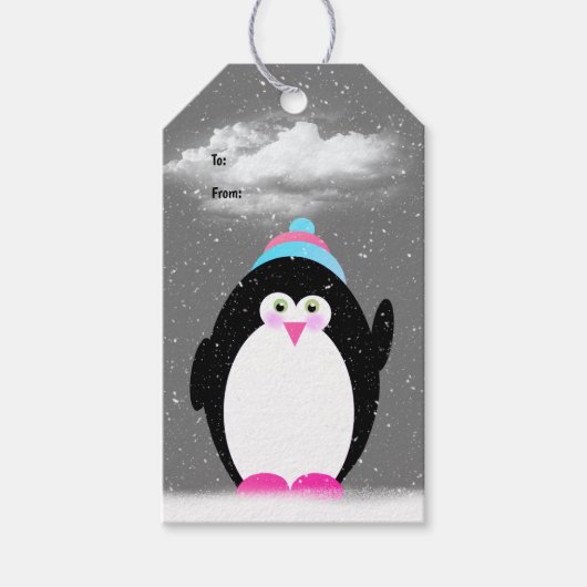 Kerstpinguïn in sneeuwvlokken cadeaulabel (Voorkant)