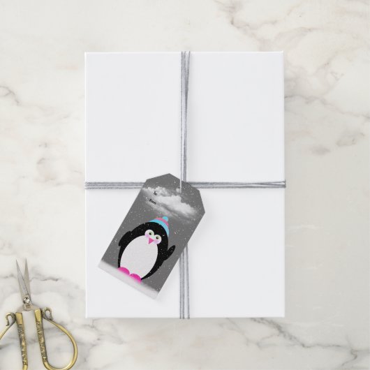 Kerstpinguïn in sneeuwvlokken cadeaulabel (Met Touw)