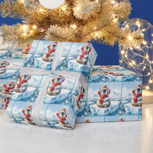 Kerstpinguïn in sneeuwvlokken cadeaupapier