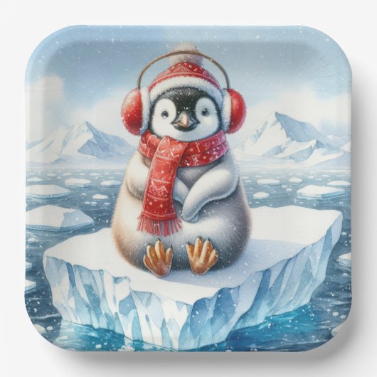 Kerstpinguïn in sneeuwvlokken papieren bordje (Voorkant)