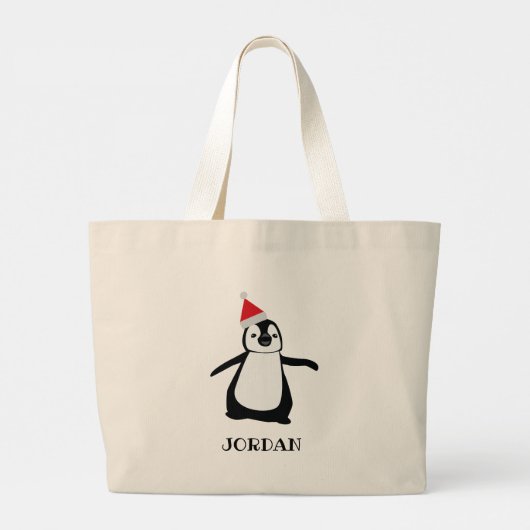 Kerstpinguïn Kerstmuts gepersonaliseerd Grote Tote Bag (Achterkant)