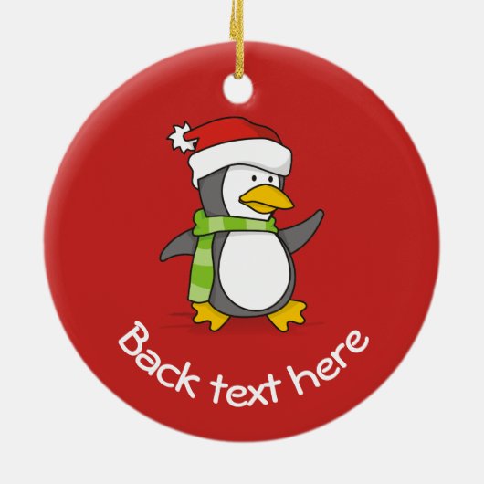 Kerstpinguïn loopt op sneeuw keramisch ornament (Achterkant)