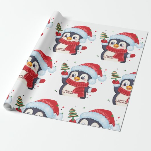 kerstpinguïn met een boom cadeaupapier (Uitgerold)