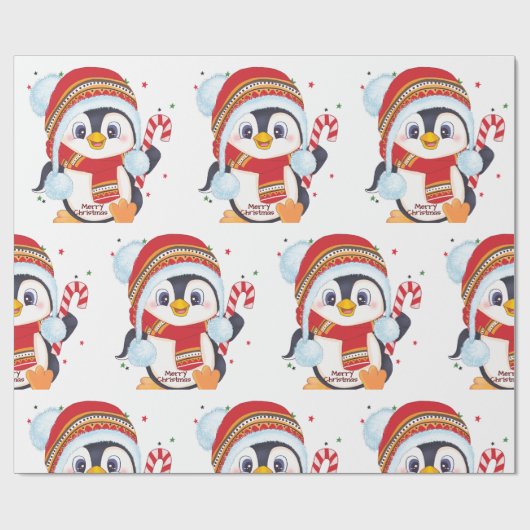 kerstpinguïn met een snoepriet cadeaupapier (Vlak)