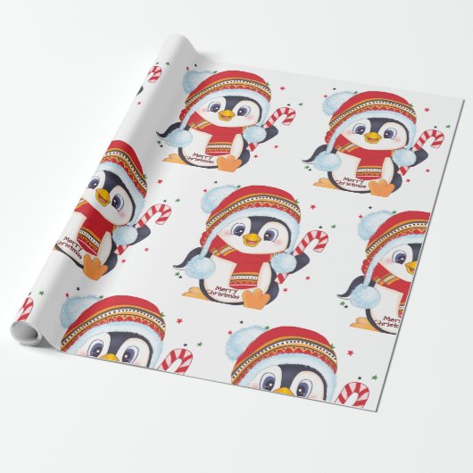 kerstpinguïn met een snoepriet cadeaupapier (Uitgerold)
