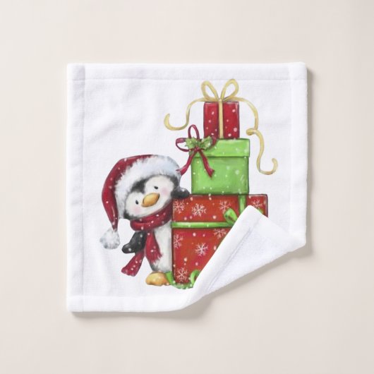 Kerstpinguïn met geschenken - Feestelijke Fun Deco Washandje (Wasdoekje)