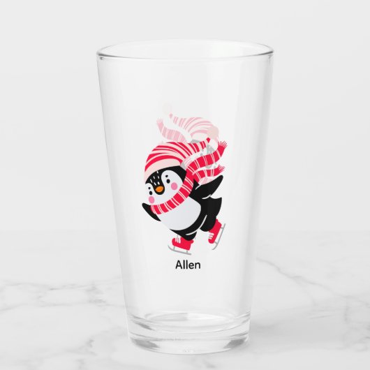 Kerstpinguïn met hoed en sjaal op schaatsen glas (Achterkant)