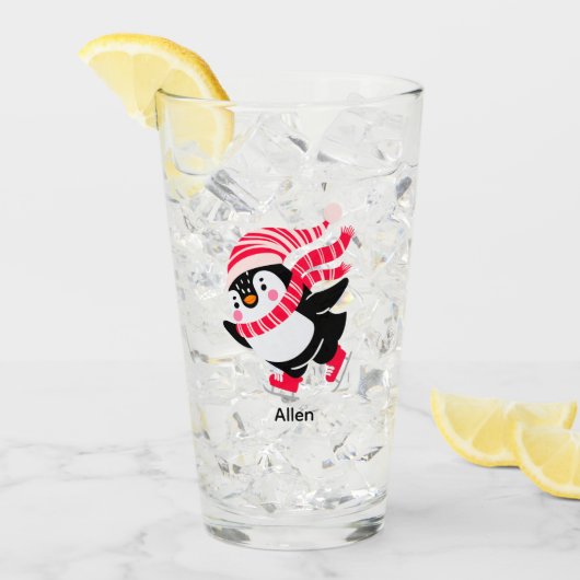 Kerstpinguïn met hoed en sjaal op schaatsen glas (Voorkant ijs)