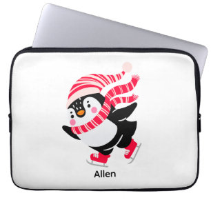 Kerstpinguïn met hoed en sjaal op schaatsen laptop sleeve