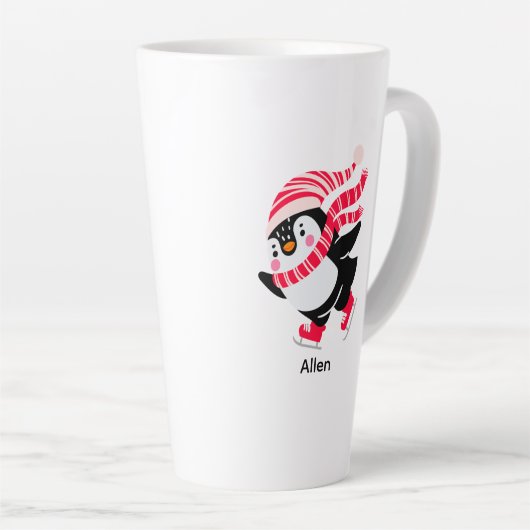 Kerstpinguïn met hoed en sjaal op schaatsen latte mok (Rechterhoek)