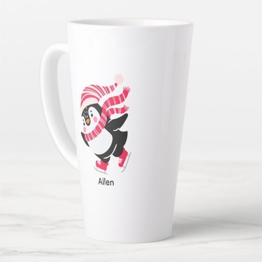 Kerstpinguïn met hoed en sjaal op schaatsen latte mok (Linkerhoek)