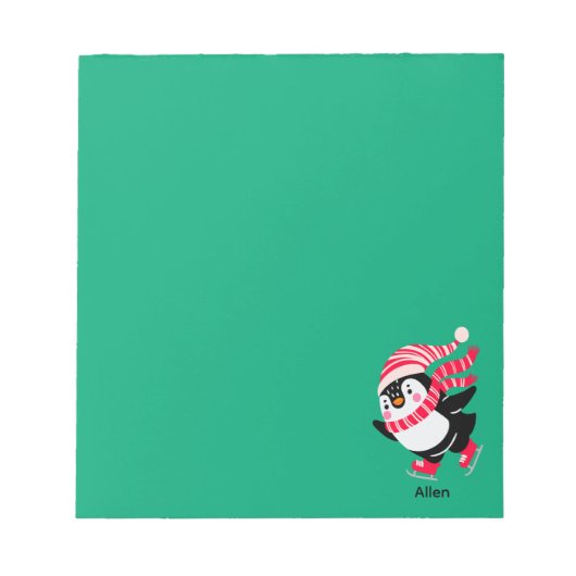 Kerstpinguïn met hoed en sjaal op schaatsen notitieblok (Voorkant)