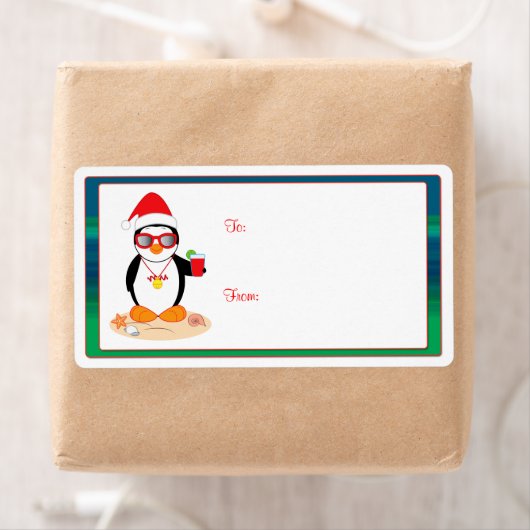 Kerstpinguïn met kerstmuts en zonnebril etiket (Insitu)