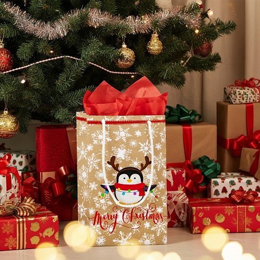 Kerstpinguïn met licht op papieren tas klein cadeauzakje