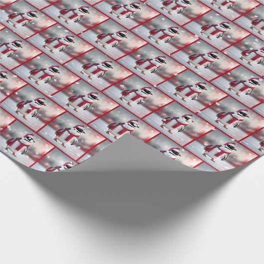 Kerstpinguïn met rode sjaal cadeaupapier (Hoek)