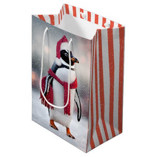 Kerstpinguïn met rode sjaal medium cadeauzakje (Voorkant Gekanteld)