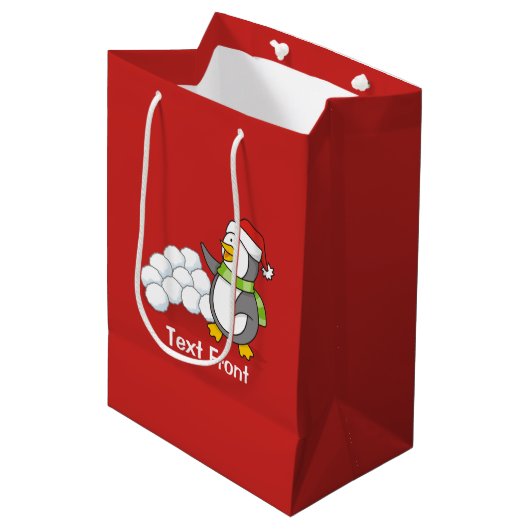 Kerstpinguïn met sneeuwballen medium cadeauzakje (Voorkant Gekanteld)