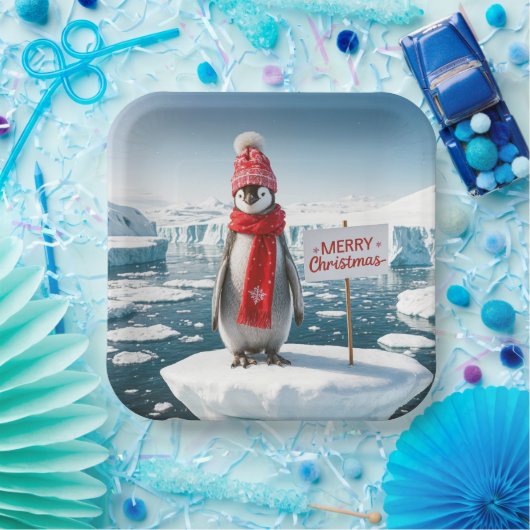 Kerstpinguïn op een ijsberg papieren bordje (Feest)