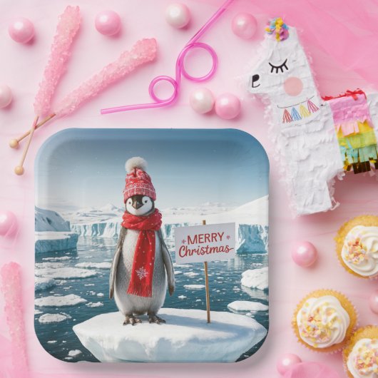 Kerstpinguïn op een ijsberg papieren bordje (Feest)