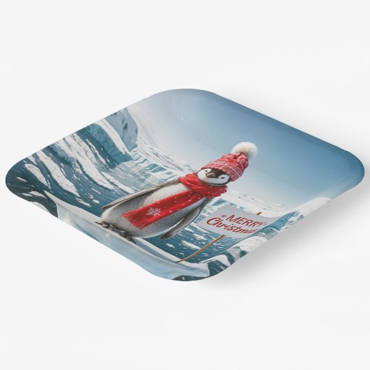 Kerstpinguïn op een ijsberg papieren bordje (Gebogen)