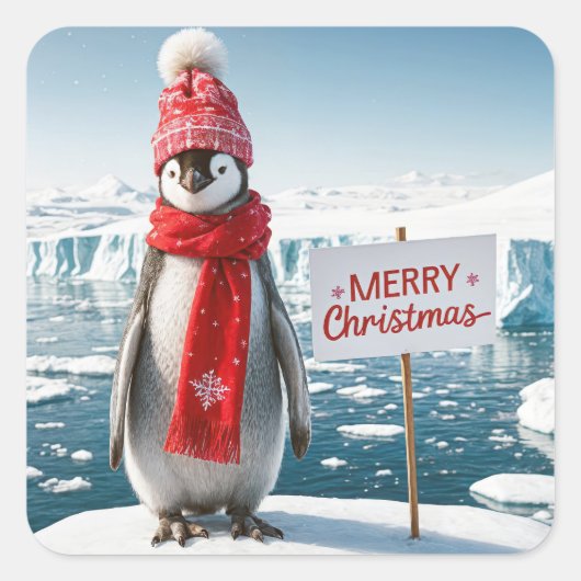 Kerstpinguïn op een ijsberg vierkante sticker (Voorkant)