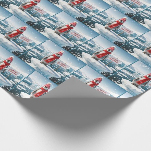 Kerstpinguïn op ijsberg cadeaupapier (Hoek)