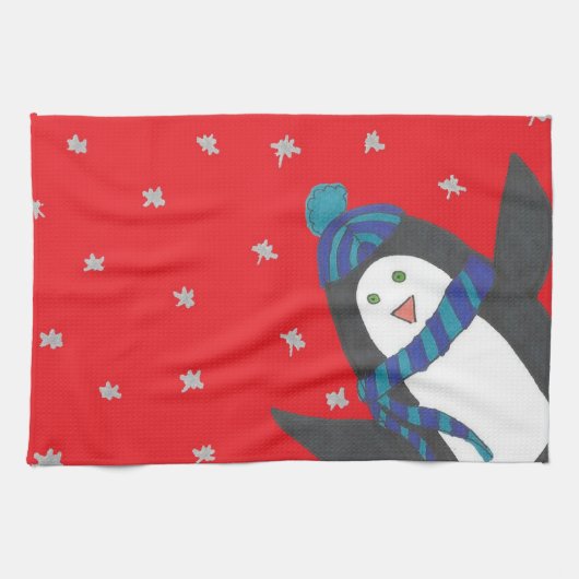 Kerstpinguïn op rood theedoek (Horizontaal)
