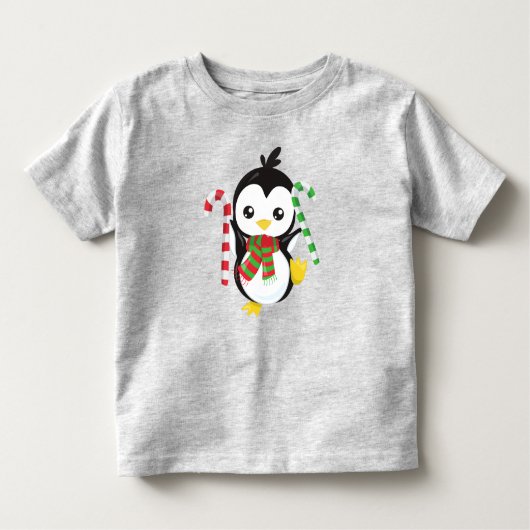 Kerstpinguïn, pinguïn met karf, snoepriet kinder shirts (Voorkant)
