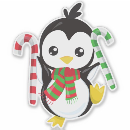 Kerstpinguïn, pinguïn met karf, snoepriet sticker (Voorkant)