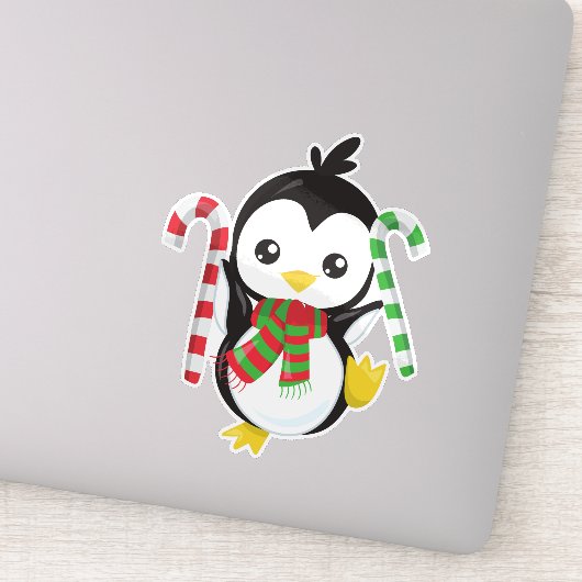 Kerstpinguïn, pinguïn met karf, snoepriet sticker (Detail)