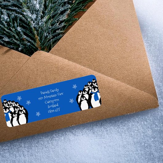 Kerstpinguïn Retouradres Blauw Etiket