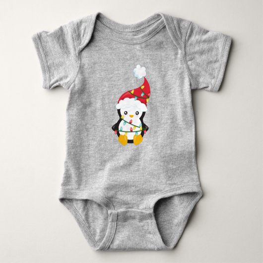 Kerstpinguïn, Santa Hat, kerstlampjes Romper (Voorkant)