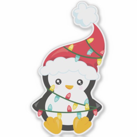 Kerstpinguïn, Santa Hat, kerstlampjes Sticker (Voorkant)