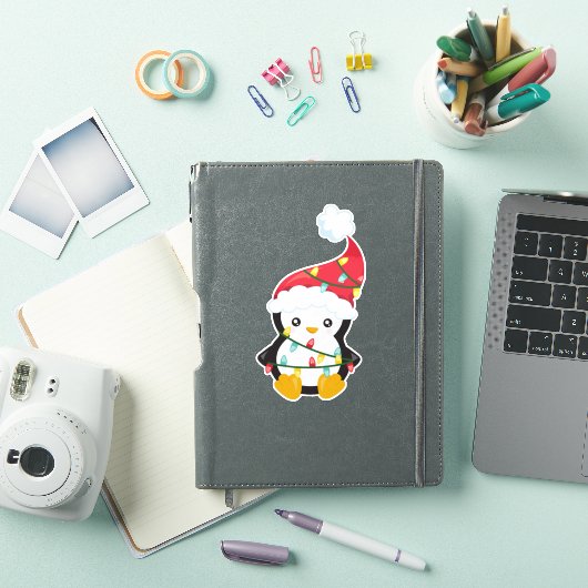 Kerstpinguïn, Santa Hat, kerstlampjes Sticker (iPad Cover)