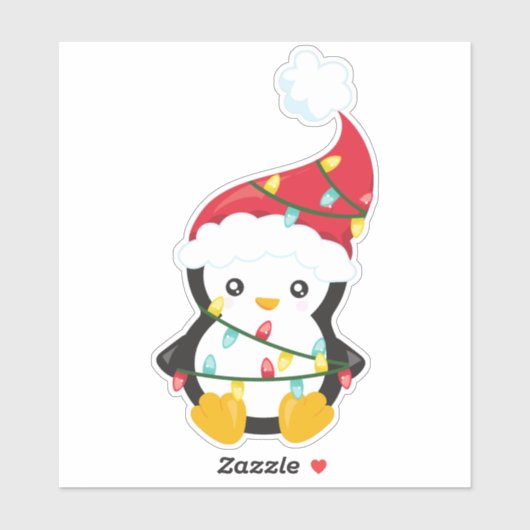 Kerstpinguïn, Santa Hat, kerstlampjes Sticker (Vel)